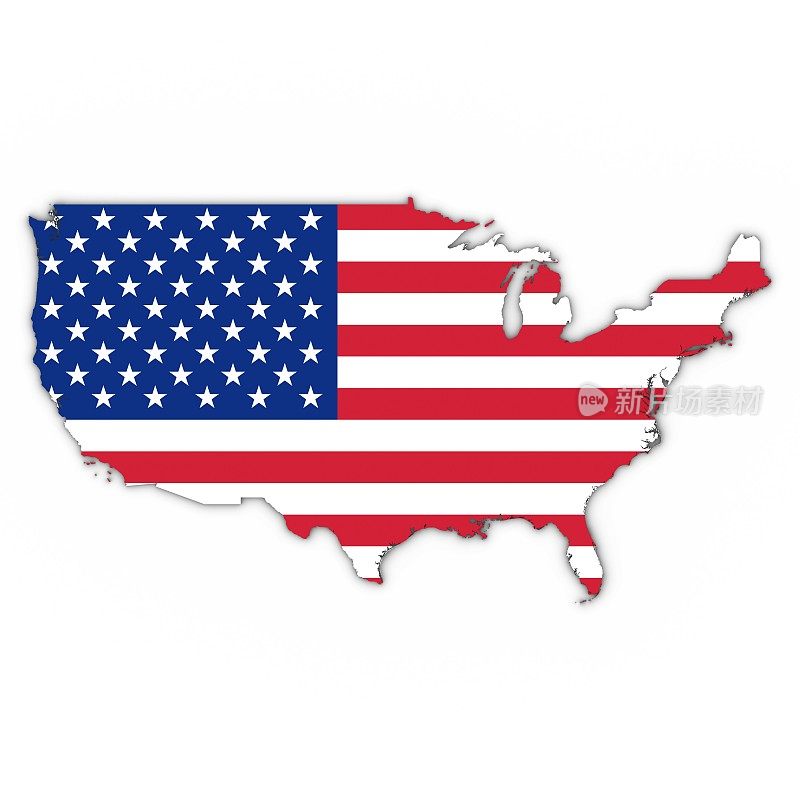 美国地图轮廓与美国国旗在白色与阴影3D插图