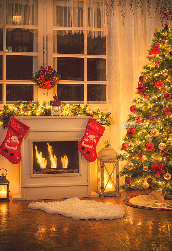 家里壁炉旁的圣诞树
