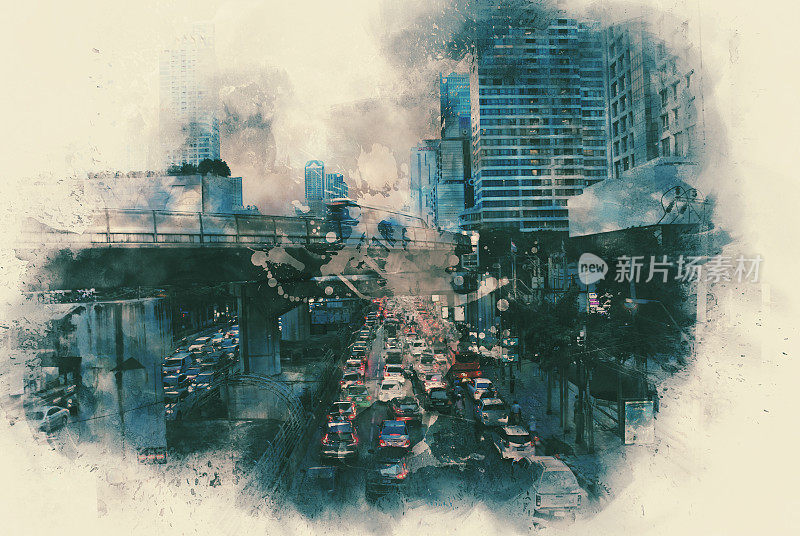 抽象地以首都的汽车、交通堵塞和建筑物为背景进行水彩画
