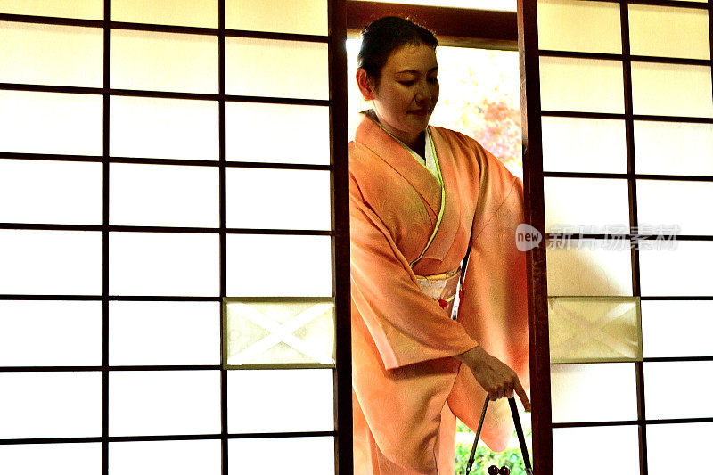 穿着和服的日本女人在京都Tofuku-ji打开滑动门