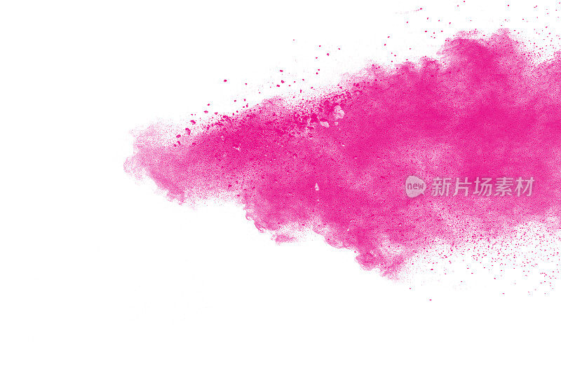 粉红色粉末爆炸云孤立在白色背景上。背景上的粉红色尘埃颗粒飞溅的特写。