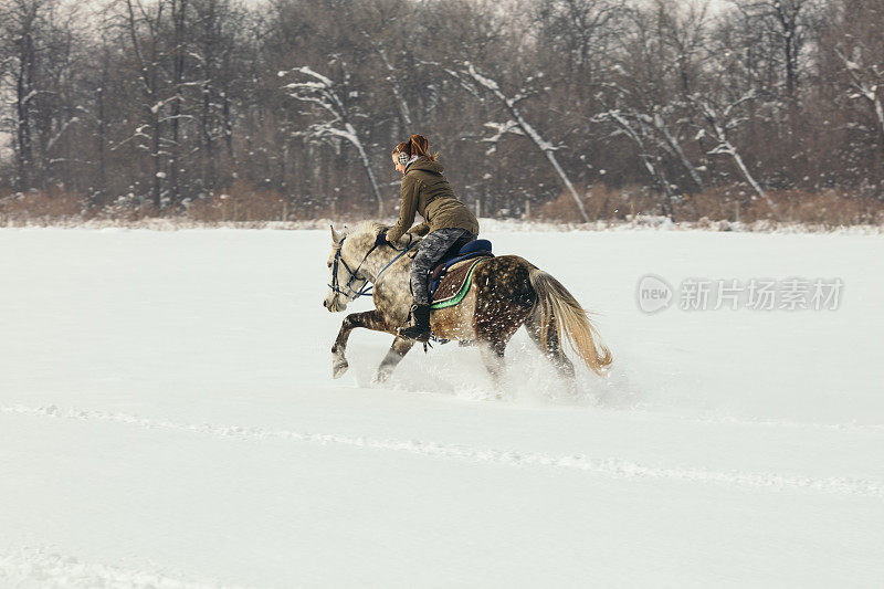 一个女人在雪地里骑马