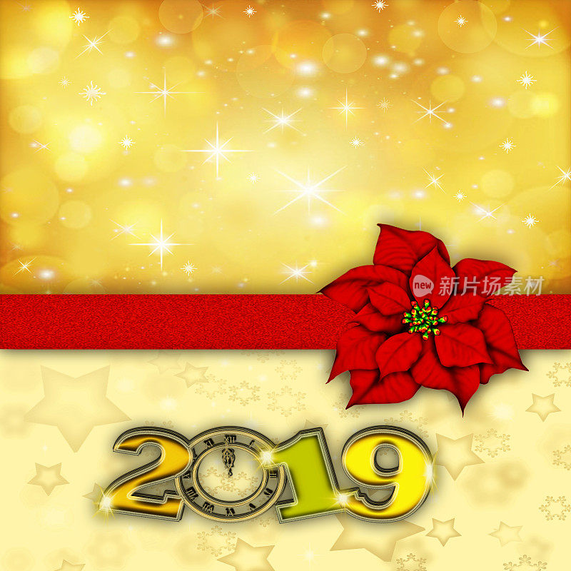 圣诞快乐，新年快乐2019，金色背景