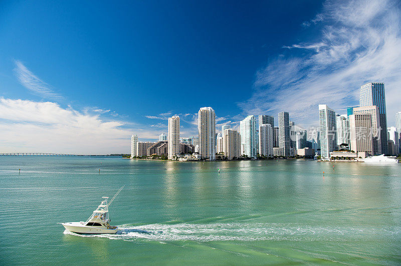 鸟瞰图迈阿密摩天大楼与蓝天，船帆