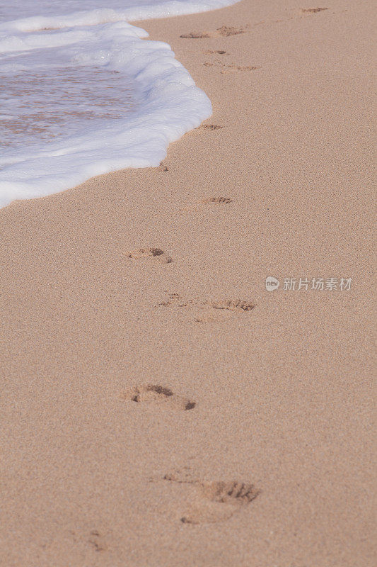 夏威夷海滩海岸线上的脚印