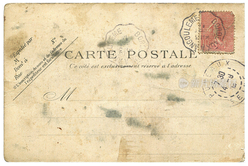 20世纪早期使用的老式空白法国明信片背景