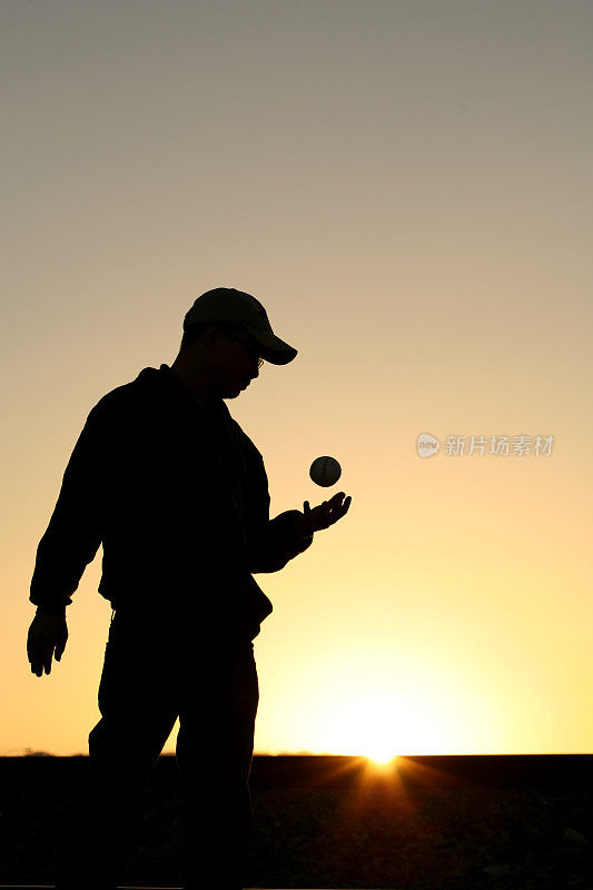 一个年轻人拿着棒球的剪影