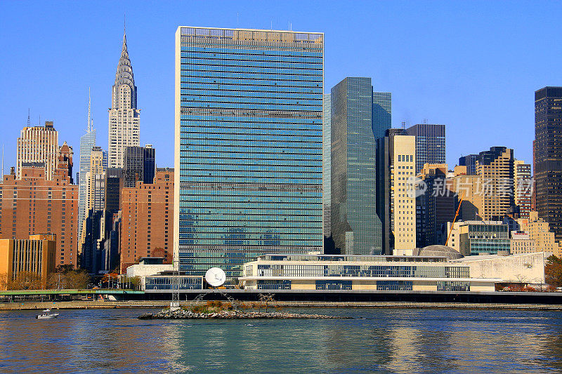 纽约东河全景图:联合国和克莱斯勒大楼
