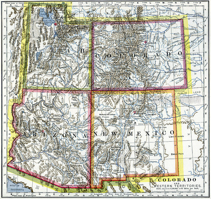 犹他州，科罗拉多州，亚利桑那州，新墨西哥地图1883