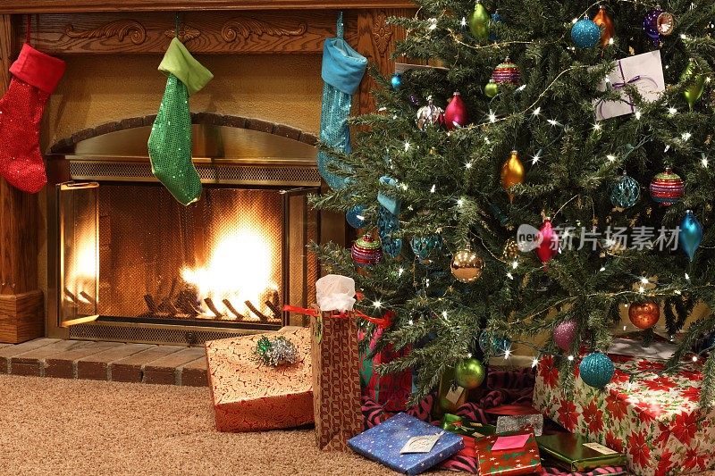 圣诞树和壁炉水平