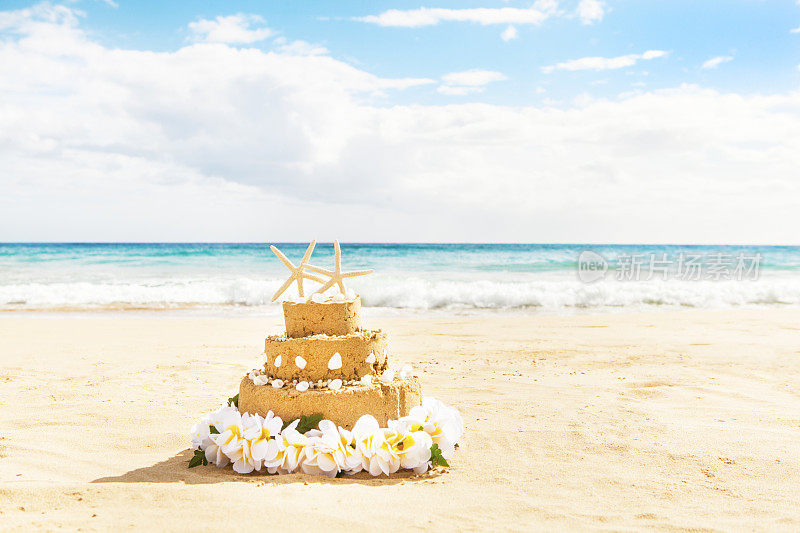 目的地婚礼蛋糕和热带海滩蜜月