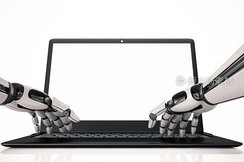 机器人的手在空屏幕的笔记本电脑键盘上打字