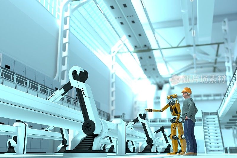 工程师和机器人控制未来工厂中的机器人