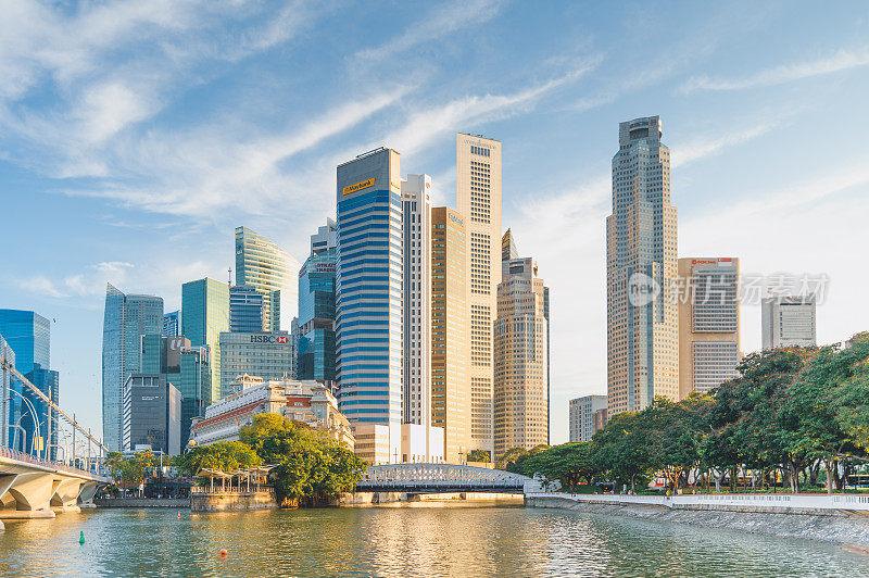 鱼尾狮雕像和滨海湾附近的新加坡城市景观，码头是经济的中心