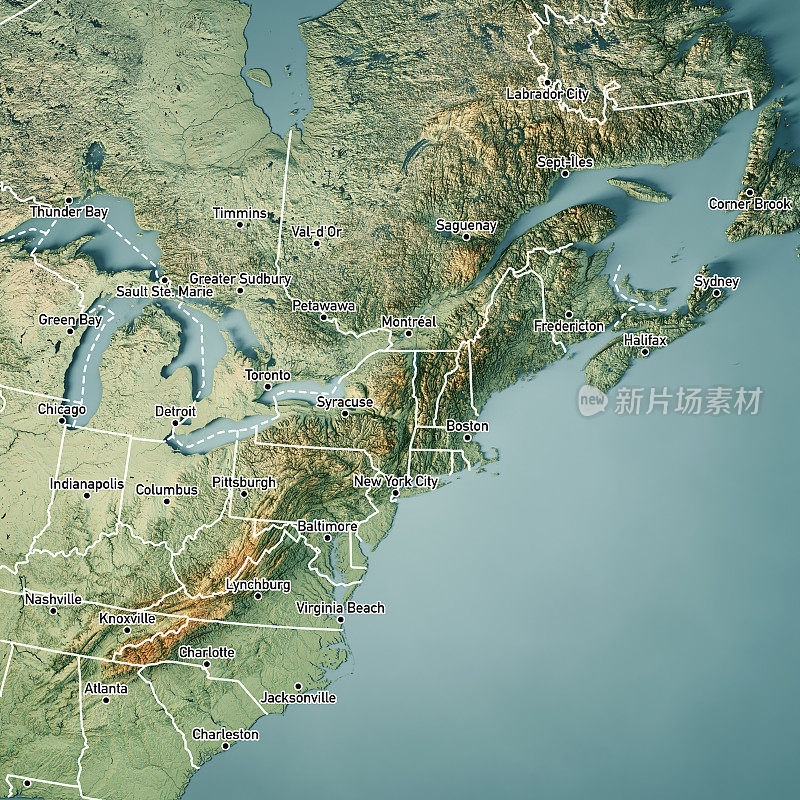 美国东北部新斯科舍省3D渲染地形图颜色边界城市