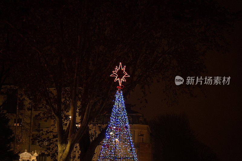 美丽的圣诞树顶部在星形照明设备