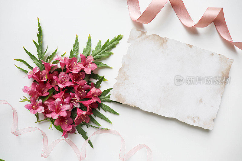 明信片模型。由粉红色的花和信封组成
