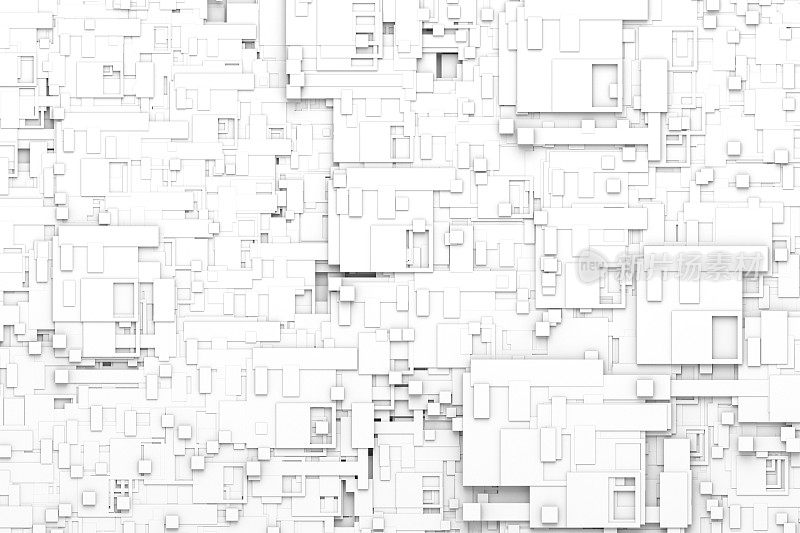 三维几何块室内建筑师白色背景三维插图。