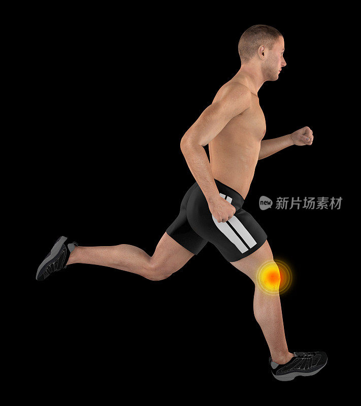 一个男人跑步的3D插图，突出膝盖受伤