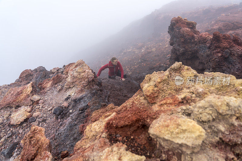 韦斯特曼群岛埃尔德费尔火山爆发时，女人们正在攀登火山岩石