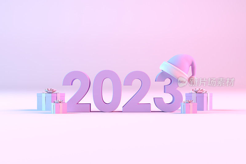 2023年新年，圣诞帽，霓虹灯