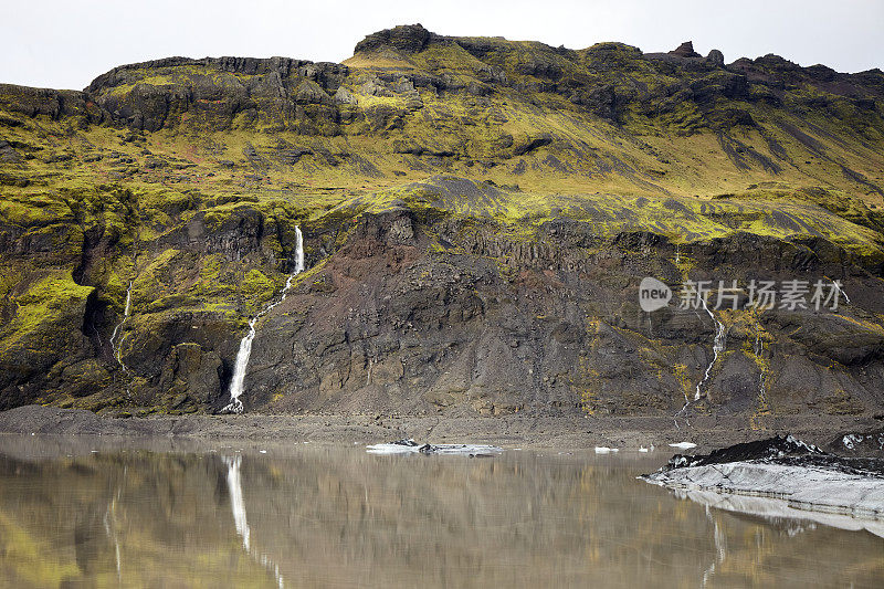Sólheimajökull冰岛南部的冰川泻湖和山脉