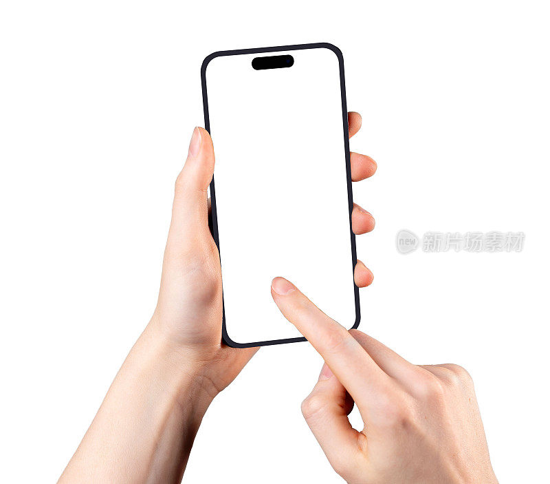 2023年2月7日，波兰罗兹，手持手机模型，在白色背景上孤立的空白智能手机显示框架上轻敲指向