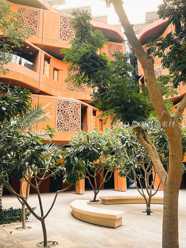 阿联酋，阿布扎比——2023年3月13日:阿布扎比马斯达尔城的环保建筑和树木