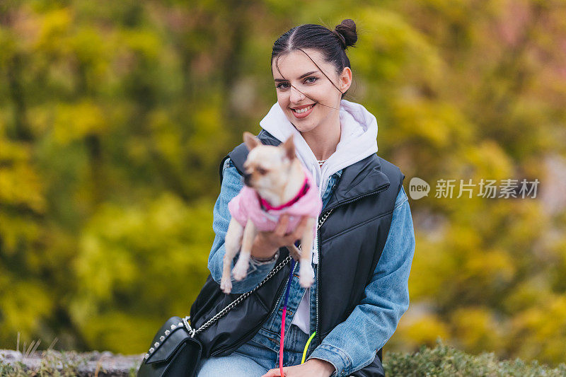 漂亮的年轻女子和一只吉娃娃狗，彩色背景