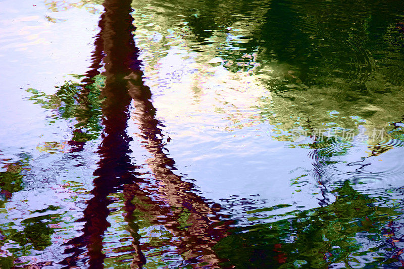 池塘的宁静景色被波光粼粼的水面巧妙地捕捉到，因为它反映了天空和树木的阴影。从水面的反射中提取背景。