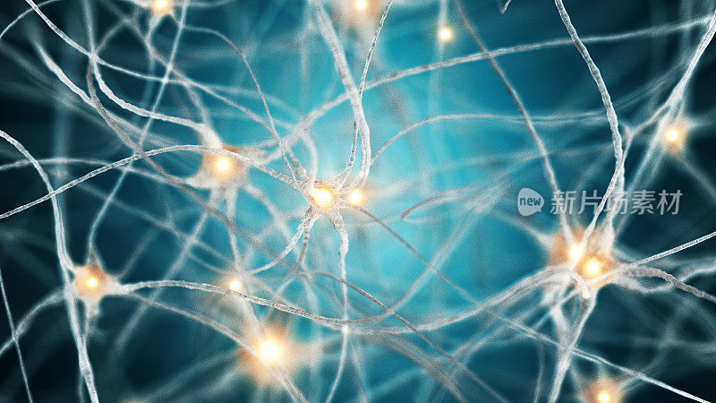 神经元。蓝色Backgound。点的概念。