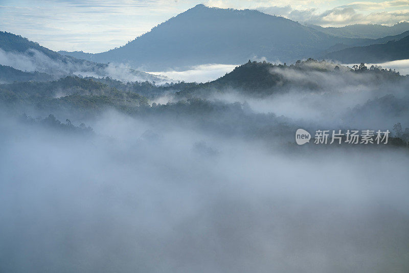 雾蒙蒙的丛林雨林与雾和分层的山脉范围从上面的日出。鸟瞰图。