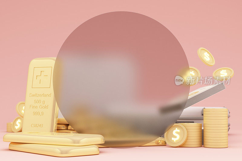 大百分比符号和金条和数字货币在金融稳定和增长的概念和一个空白的空间，以粉红色粉彩背景现实输入文本。三维渲染