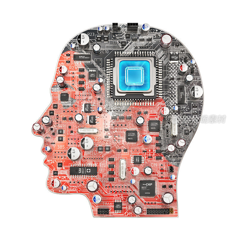 数字大脑。以电脑芯片为大脑的人脑形状的电子印制板。三维演示
