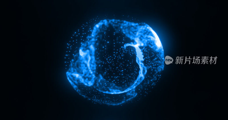 抽象蓝色的水发光数字高科技液体未来的能量等离子体球体与线条和粒子在深黑色的背景