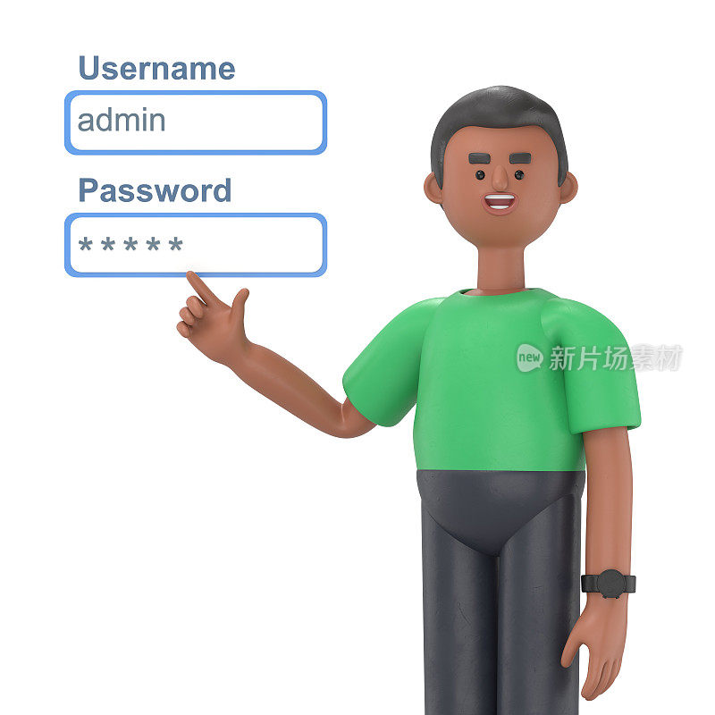 英俊的非洲人大卫管理员网络工程师推用户名和密码字段登录框的3D插图。白色背景的3D渲染