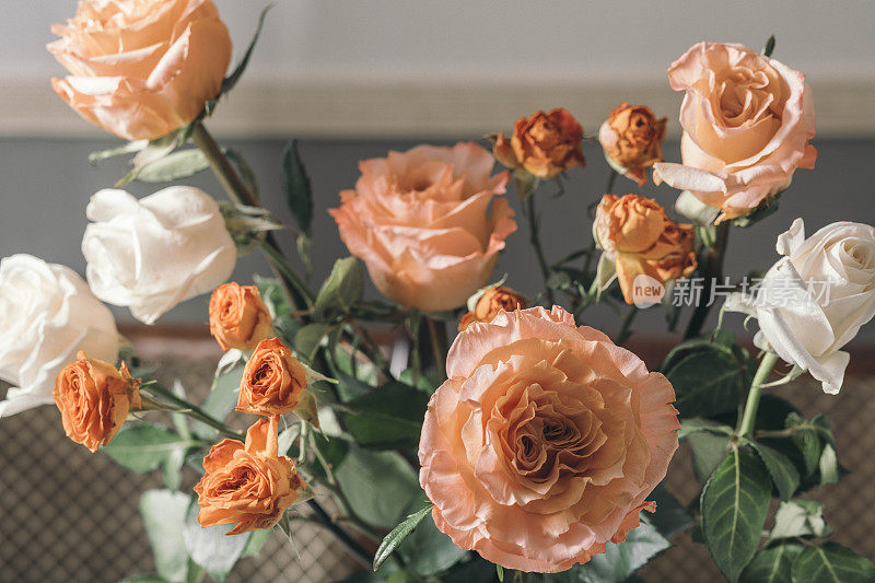 短暂的优雅:这是一组宁静的桃红和白玫瑰，散发出一种柔和的、短暂的美，暗示着生命的短暂和爱情的永恒的优雅。
