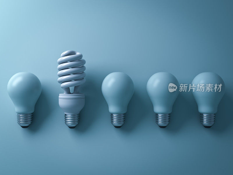 一个不同于传统白炽灯泡的环保节能灯泡，在青色的背景下有着不同的光影效果，具有个性和不同的创意理念。三维渲染