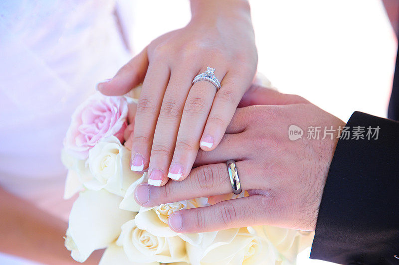 手上戴着新娘和新郎的结婚戒指