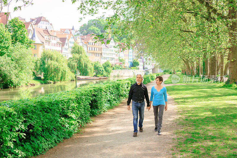 一对老年夫妇穿过公园，Tübingen，德国