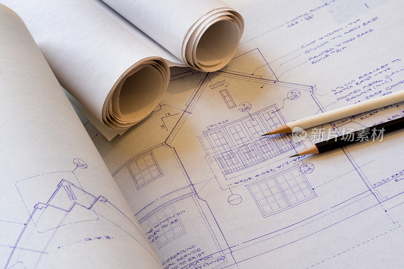 采购产品家庭改善建筑扩张房子蓝图建筑计划和铅笔