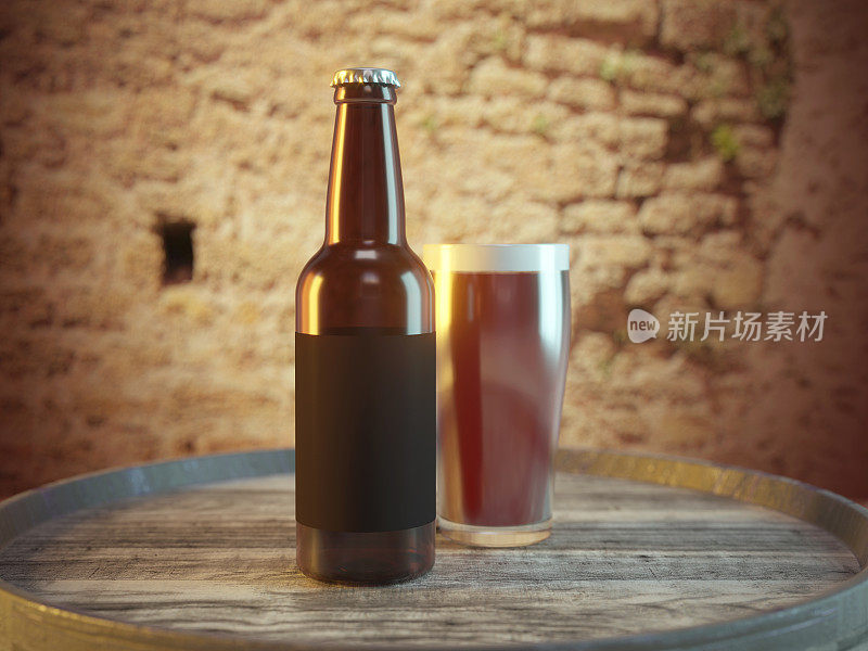 手工啤酒瓶和玻璃木桶