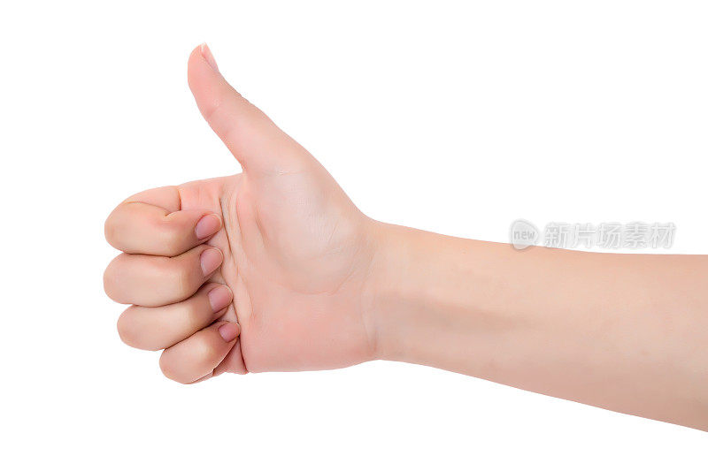 女人的手显示拇指向上标志孤立在白色