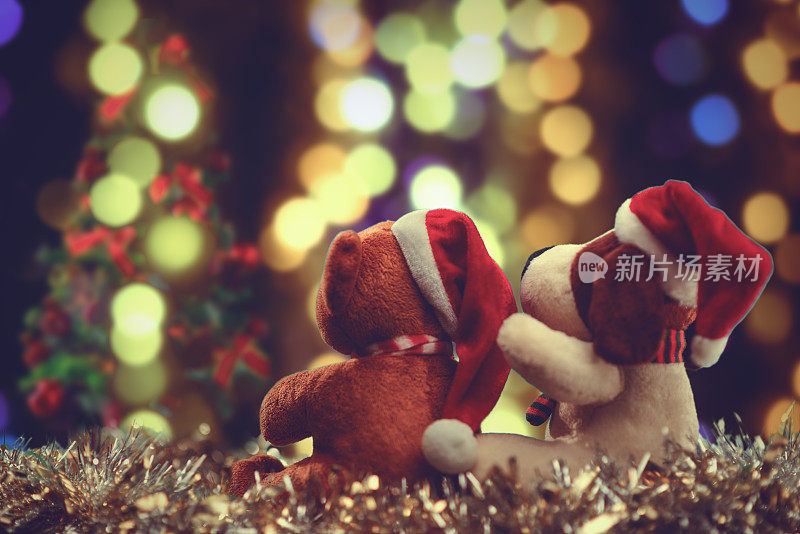 两只泰迪熊正在享受圣诞和新年夜