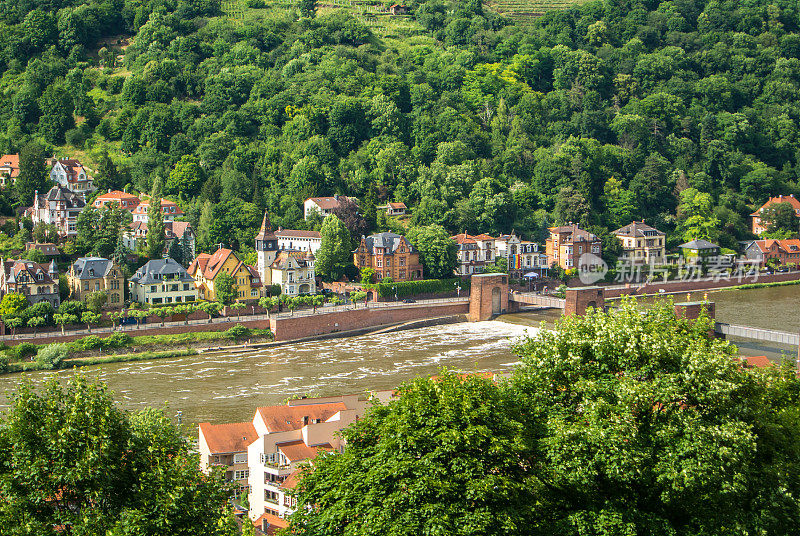 海德堡中心内卡河河岸山坡上的大量住宅，屋顶的空中全景，Baden-WÃ¼rttemberg，德国。