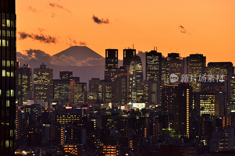 富士山和东京的天际线:白天和黑夜