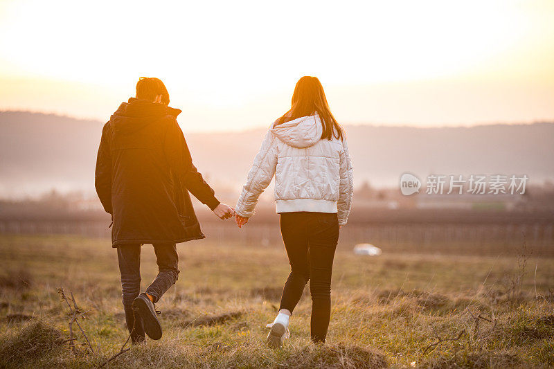 后视图的十几岁的夫妇牵着手走在草地在日落