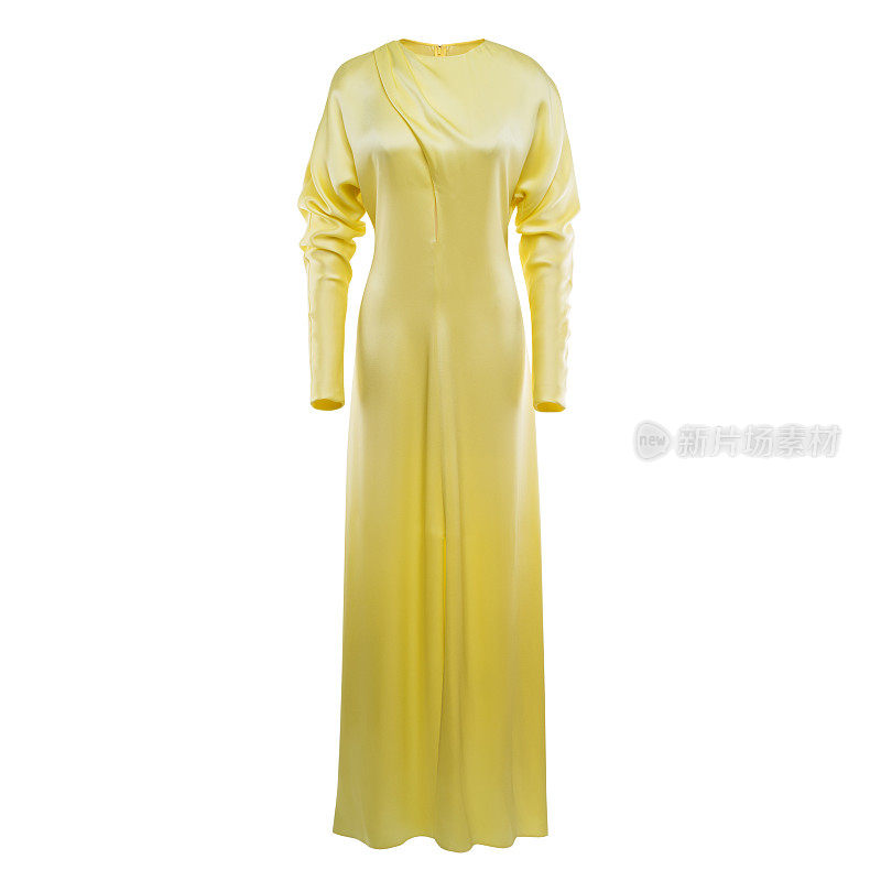 女性时尚的黄色连衣裙孤立在白色背景下，看不见人体模型