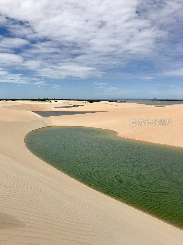 绿松石绿色，翠绿的雨水湖泻湖在一个金黄的沙丘在Jericoacoara，巴西