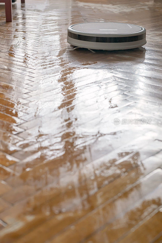 清洁机器人真空吸尘器对拼花地板进行湿清理。家庭中不可缺少的帮助。
